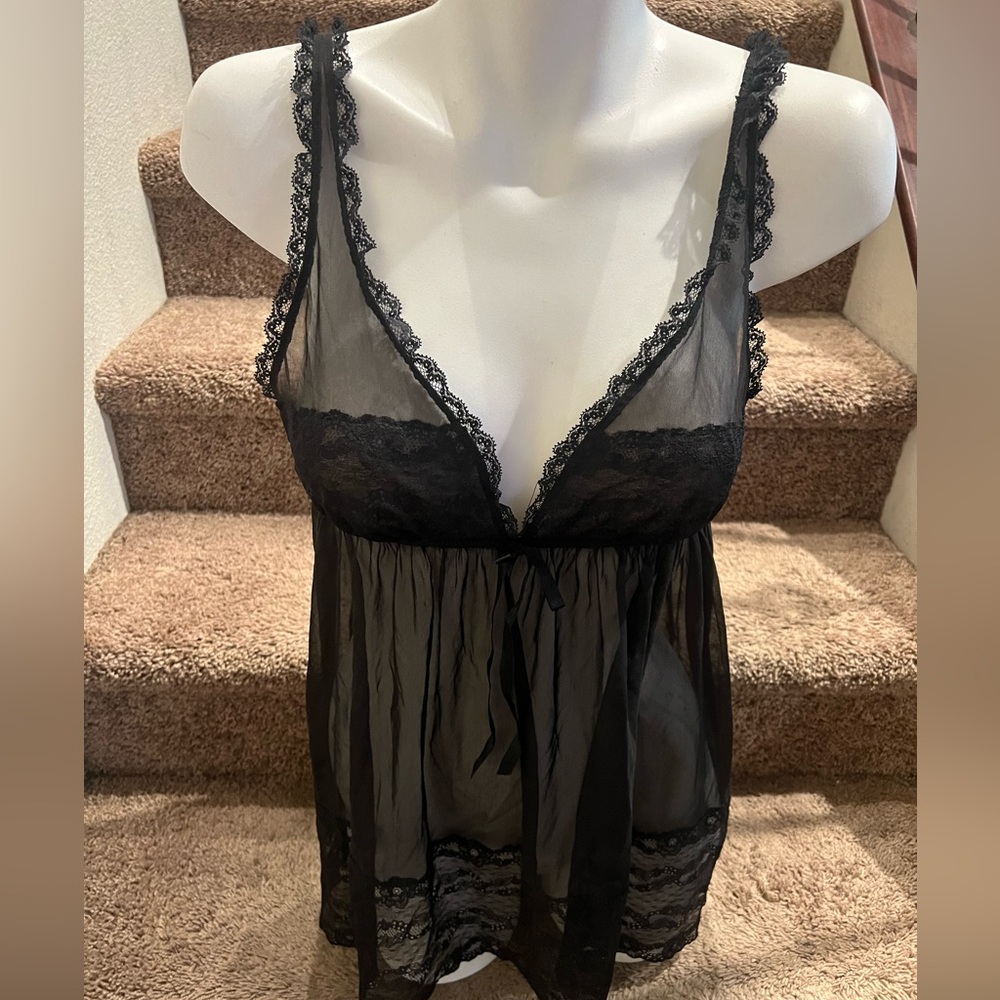 Victoria Secret Lingerie Top Womens Medium Black Lace Babydoll Sheer Bow Y2K‎